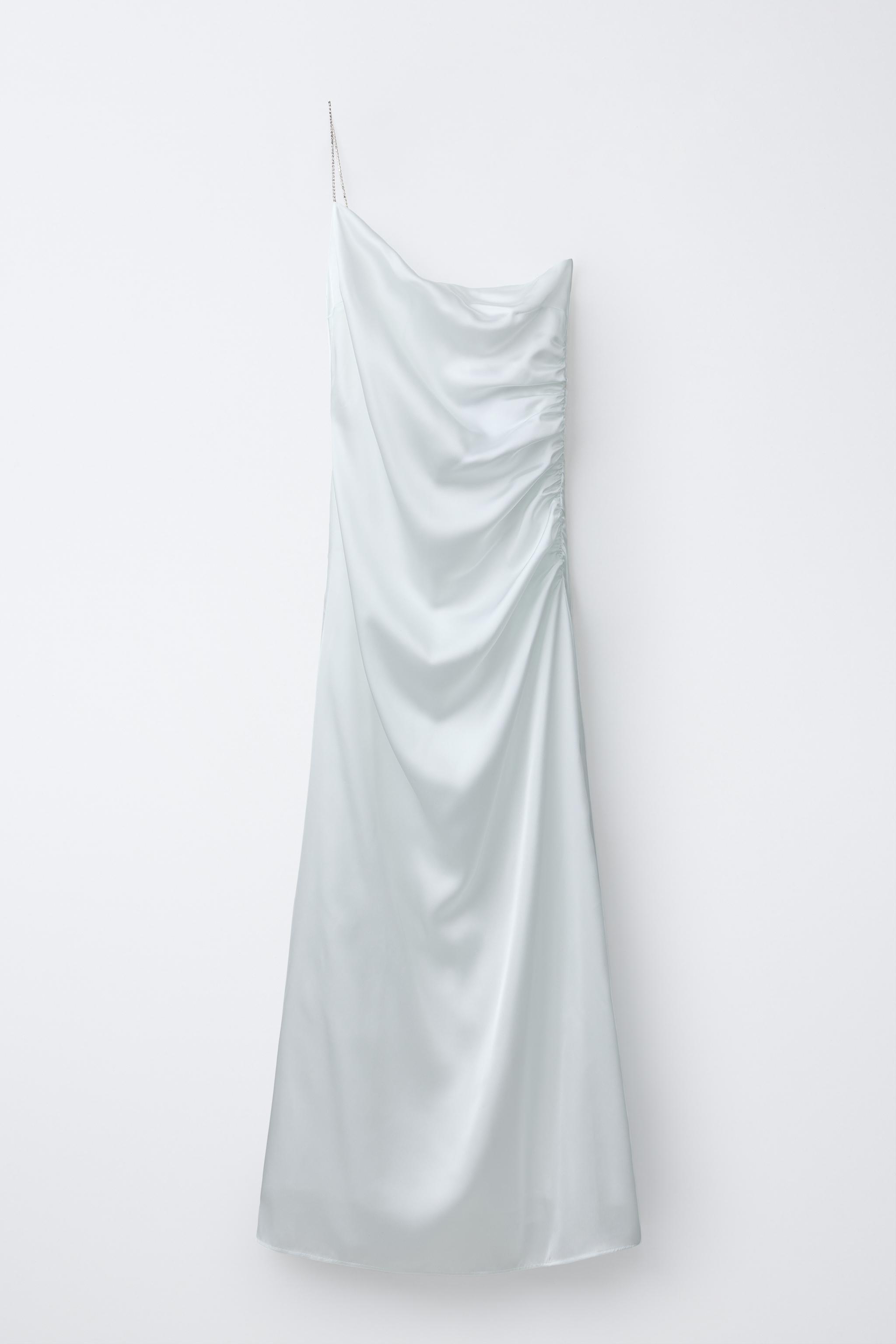 ASYMMETRIC SATIN EFFECT RHINESTONE STRAP DRESS