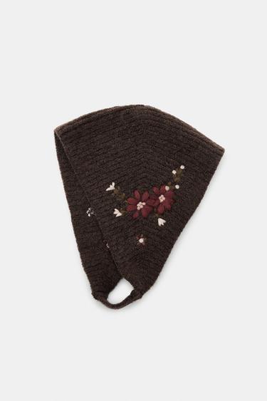 Zara 花卉刺繡針織軟帽 - 棕色