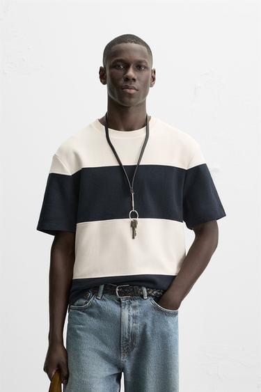T-SHIRT PIQUÉ COMPACT - Blanc / Bleu marine de Zara - Image 1