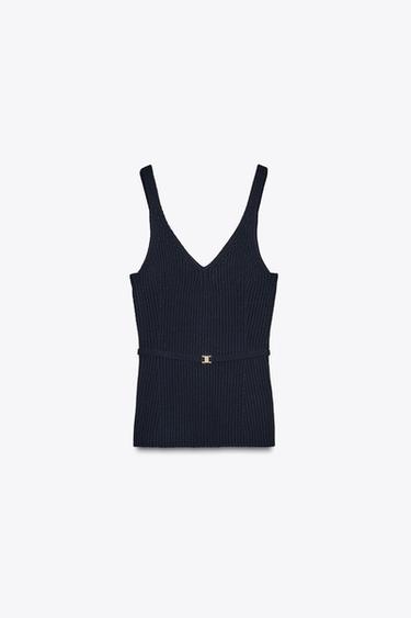 RIB KNIT TOP WITH BELT - Navy blue by Zara - Image 0