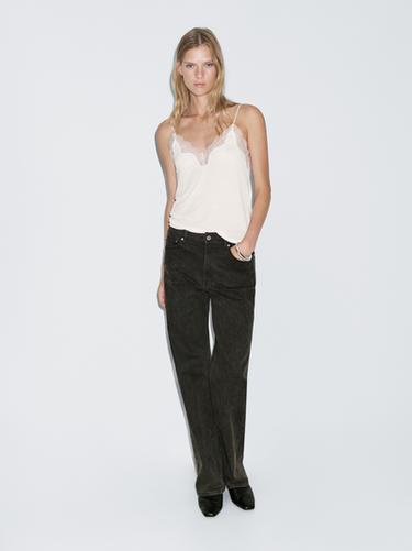Jeans wide leg tiro alto - Khaki oscuro de Zara
