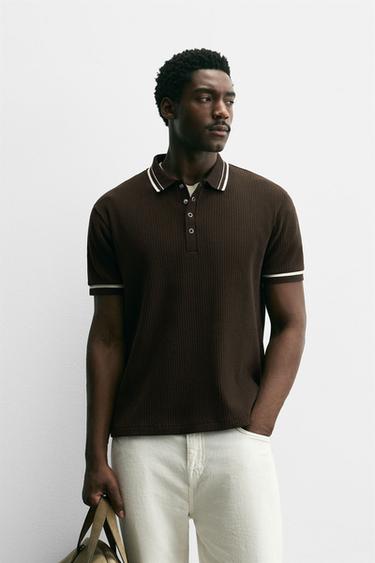 Zara CONTRAST RIBBED POLO SHIRT - Brown