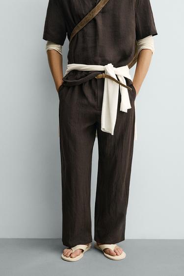 100% LINEN RELAXED FIT TROUSERS - Dark brown by Zara