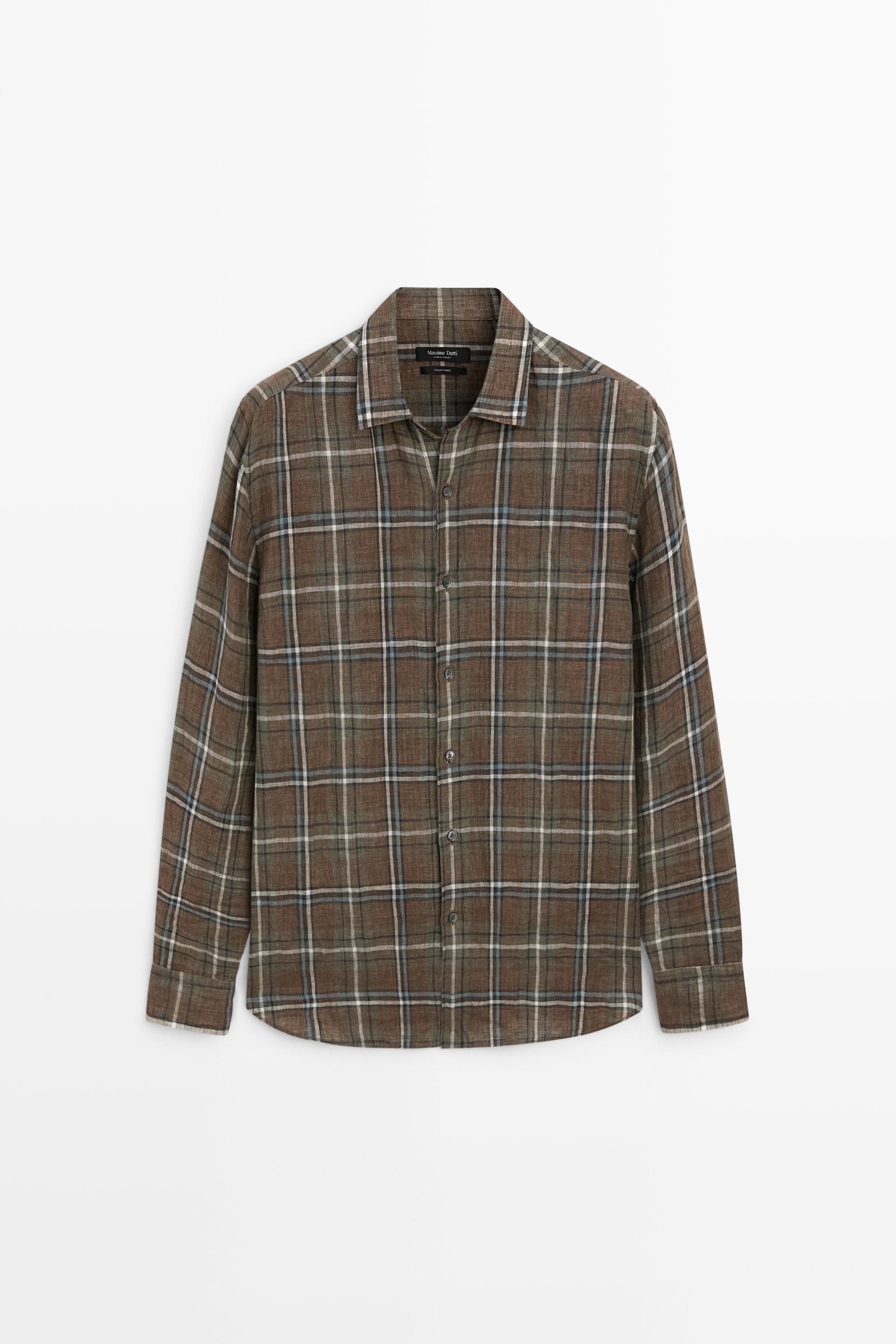 100% linen regular fit check shirt - Green | ZARA Canada
