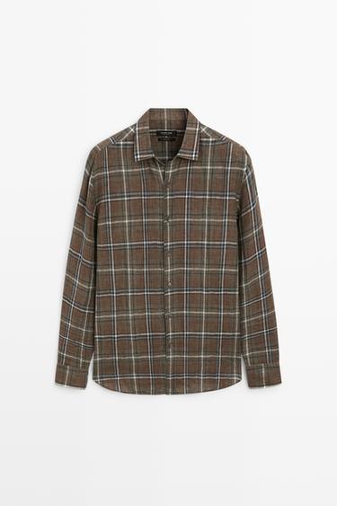 Chemise à carreaux regular fit 100 % lin - Vert de Zara