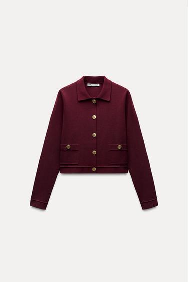 KNIT CARDIGAN WITH GOLDEN BUTTONS - Burgundy by Zara