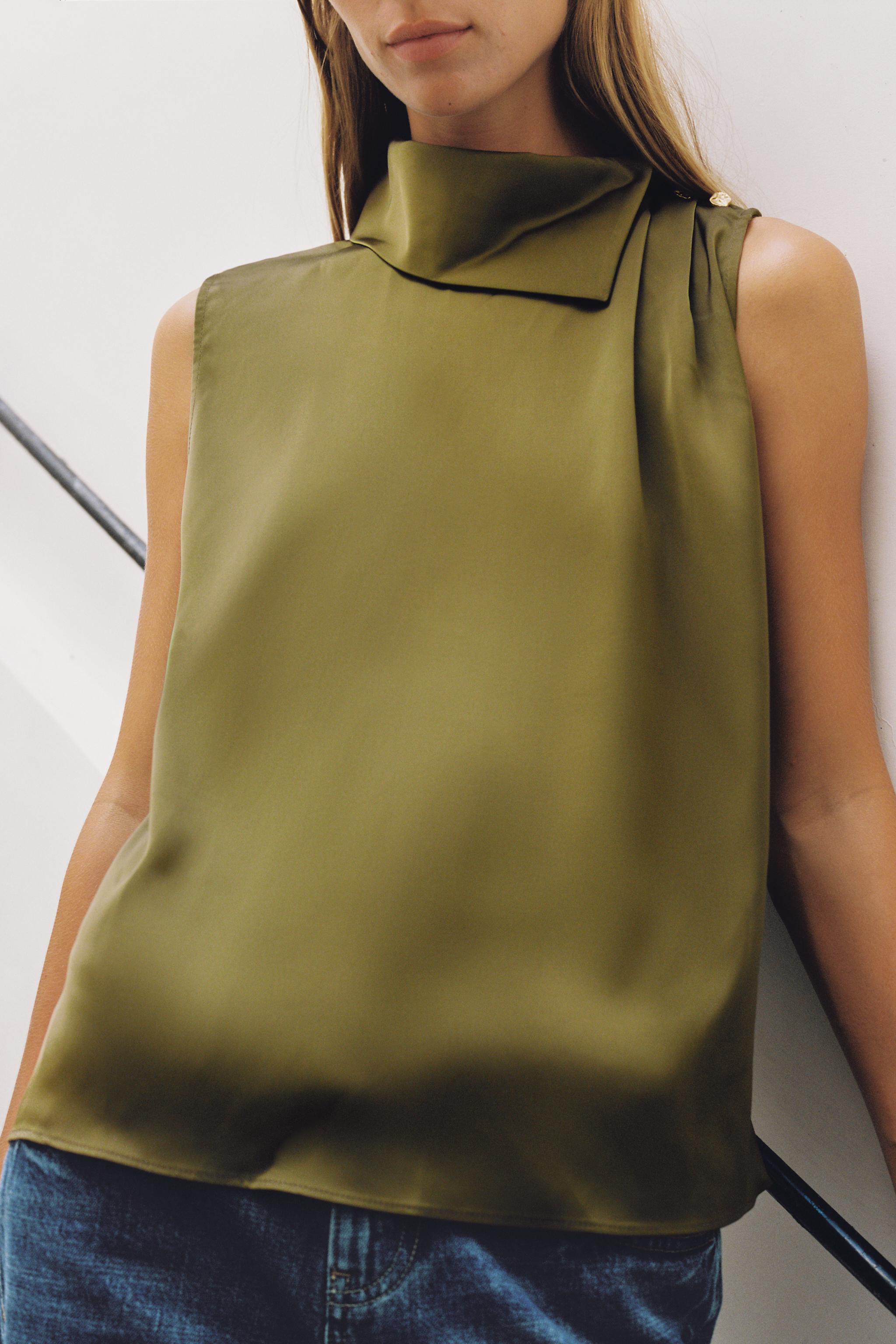 SATIN SHOULDER-BUTTON BLOUSE — Dark olive
