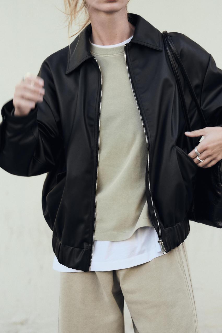 オーバーサイズ フェイクレザー ジャケット - ブラック | ZARA Japan 