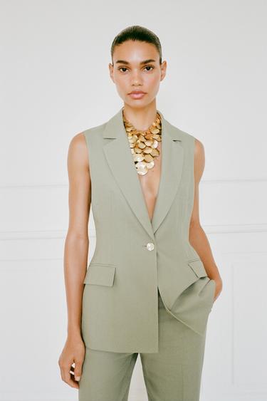 LONG LINEN BLEND WAISTCOAT - Light khaki by Zara