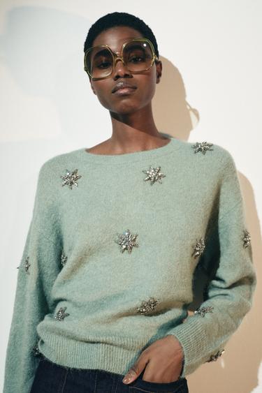 SUÉTER DE TRICÔ COM PEDRARIA E ALPACA - Verde-água da Zara - Imagem 0