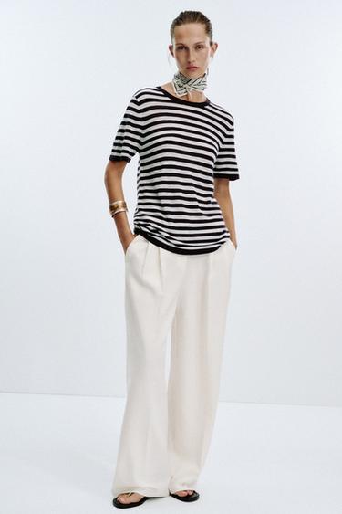 Zara STRIPED KNIT SHORT SLEEVE TOP - Navy / White