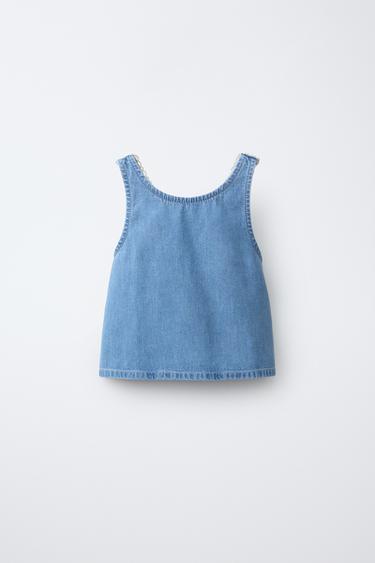 Zara 花朵水鑽寬管牛仔褲 - 藍色 - 圖片 0