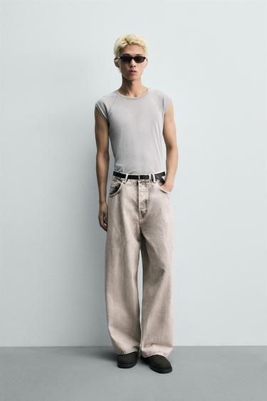 Zara 寬鬆刷白吊襠牛仔褲 - 磨白色 - 圖片 0