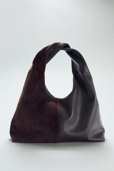 Zara CONTRAST LEATHER SHOULDER BAG - Chocolate