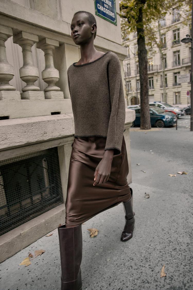 CONTRAST TOPSTITCHED KNIT JUMPER Brown Taupe ZARA Saudi Arabia