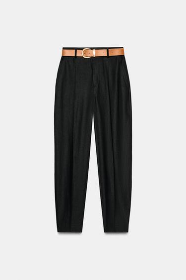 Zara LINEN PANTS WITH BELT AND PLEATS - Black