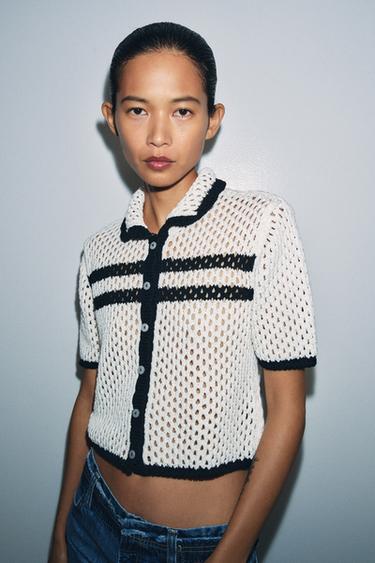 CUTWORK POLO CARDIGAN - Black / White by Zara