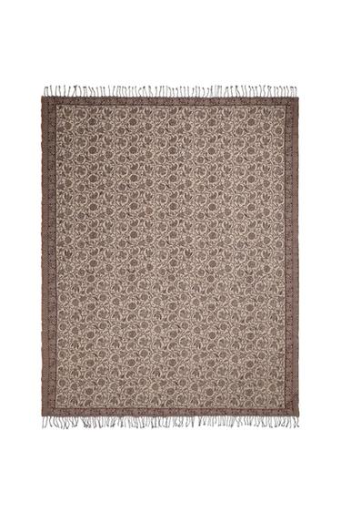 Zaras PLÄD MED BLOMMIGT JACQUARDMÖNSTER - Ljust beige