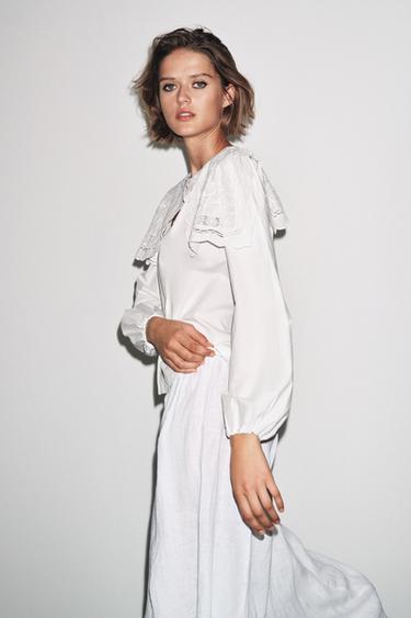 CAMISA POPELÍN CUELLO BORDADO ZW COLLECTION - Blanco roto de Zara