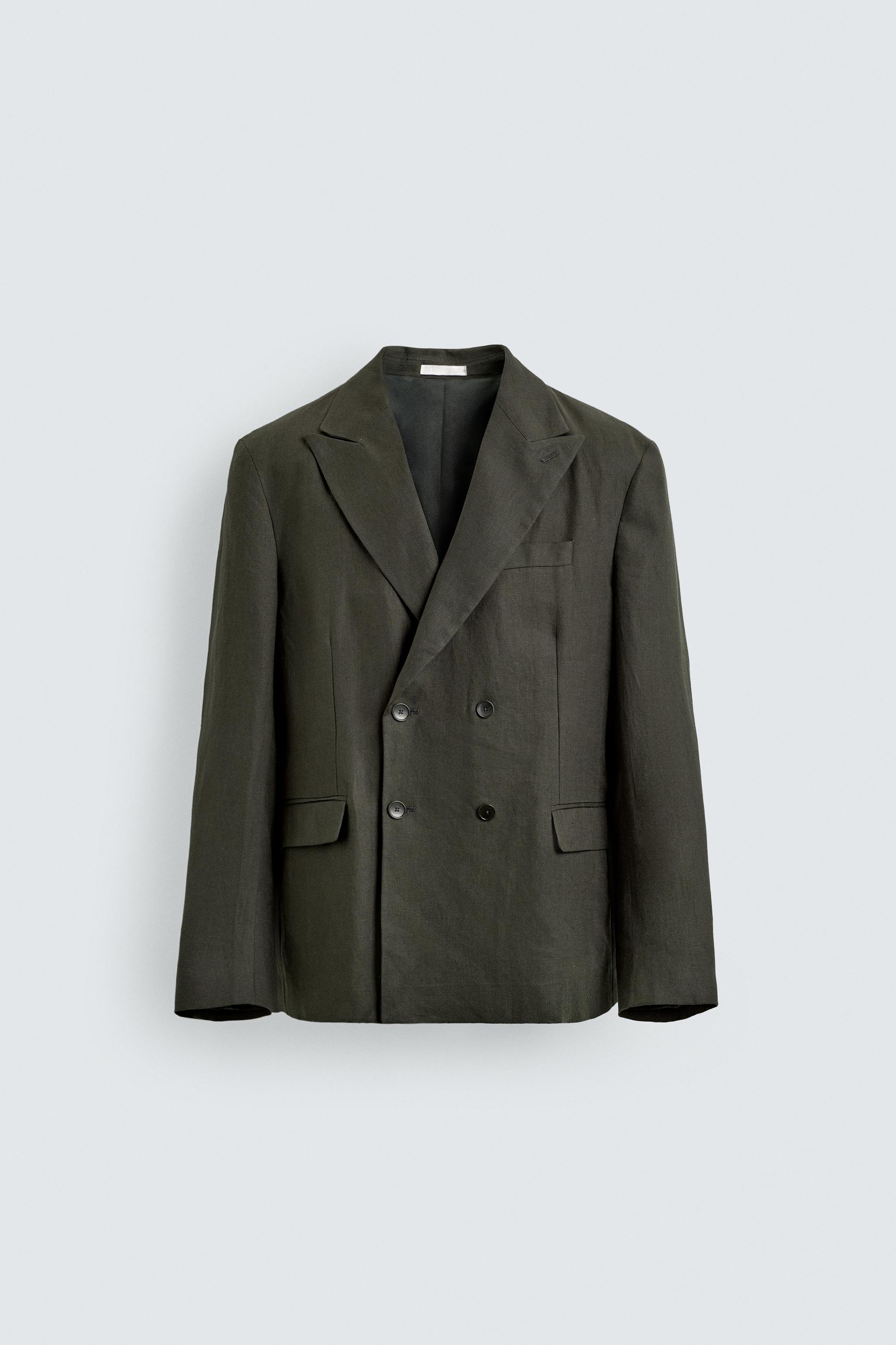 Double-Breasted 100% Linen Blazer - Khaki