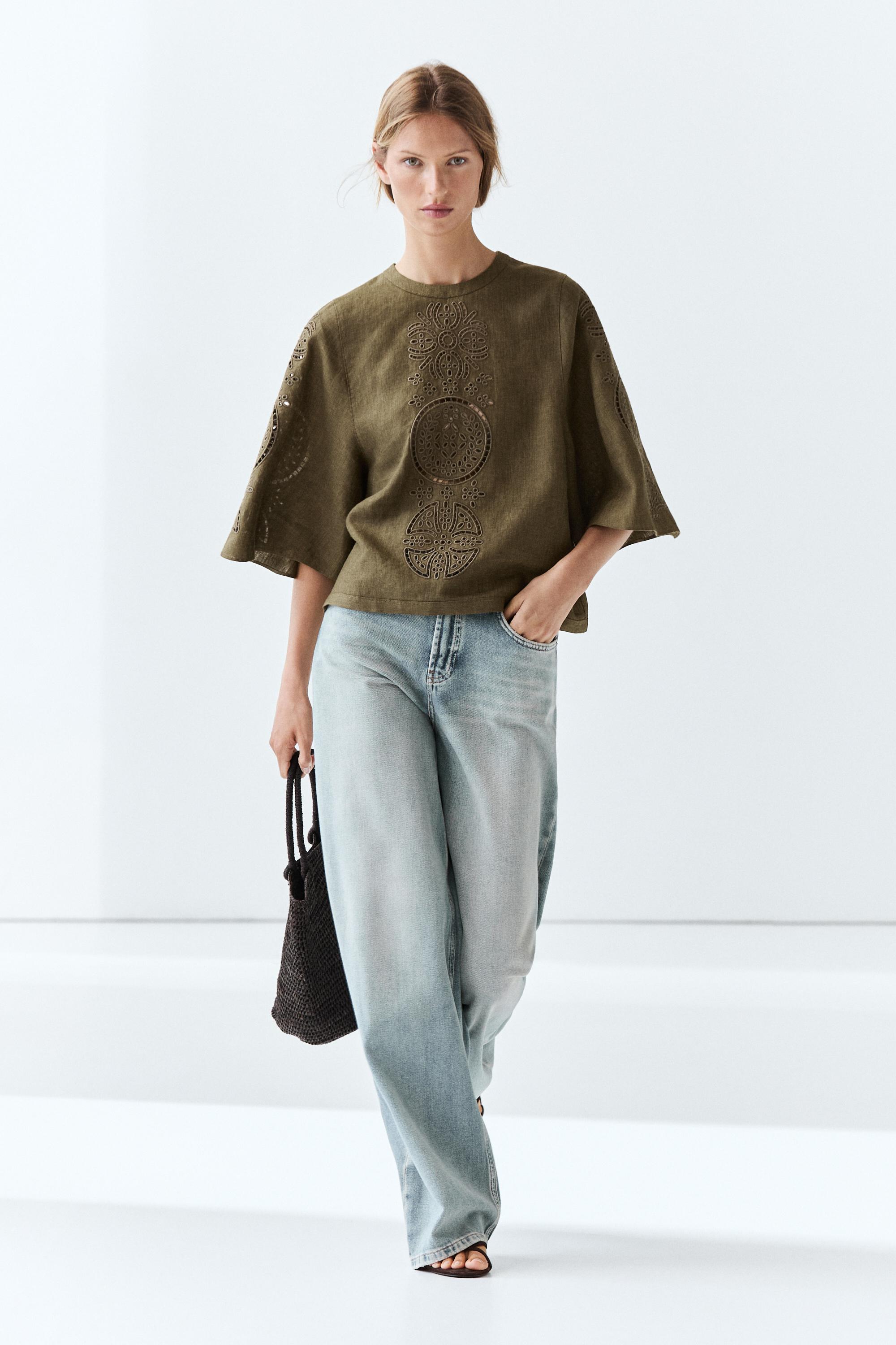 Linen blend blouse with embroidered details — Mid-green