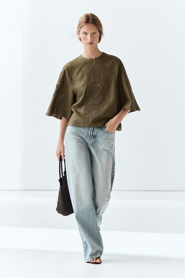 Zara Linen blend blouse with embroidered details - Mid-green - Image 0