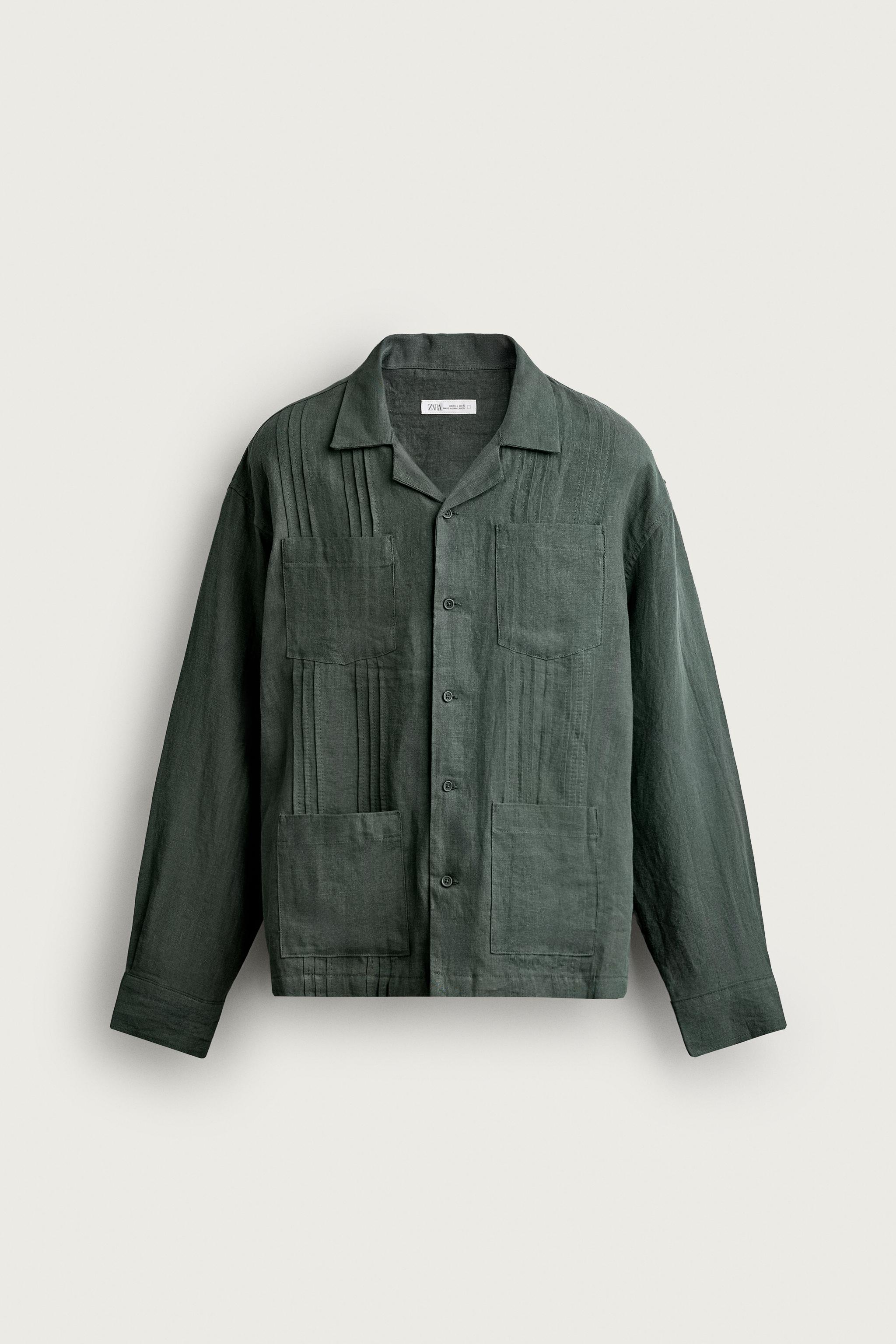 RELAXED FIT 100% LINEN PLEATED SHIRT — Duck green
