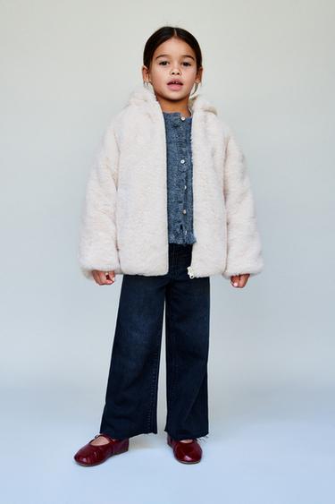 Zara FAUX FUR HOODIE JACKET - Ecru