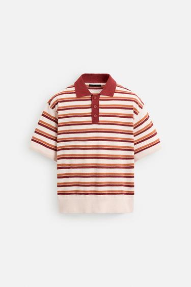Zara TEXTURED STRIPED KNIT POLO SHIRT - Multicolored