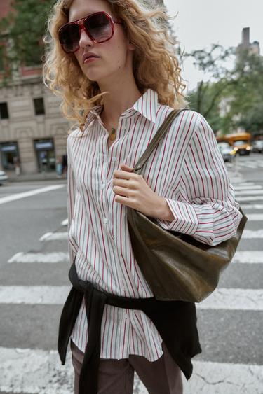 Zara STRIPED OVERSIZED POPLIN SHIRT - White / Red
