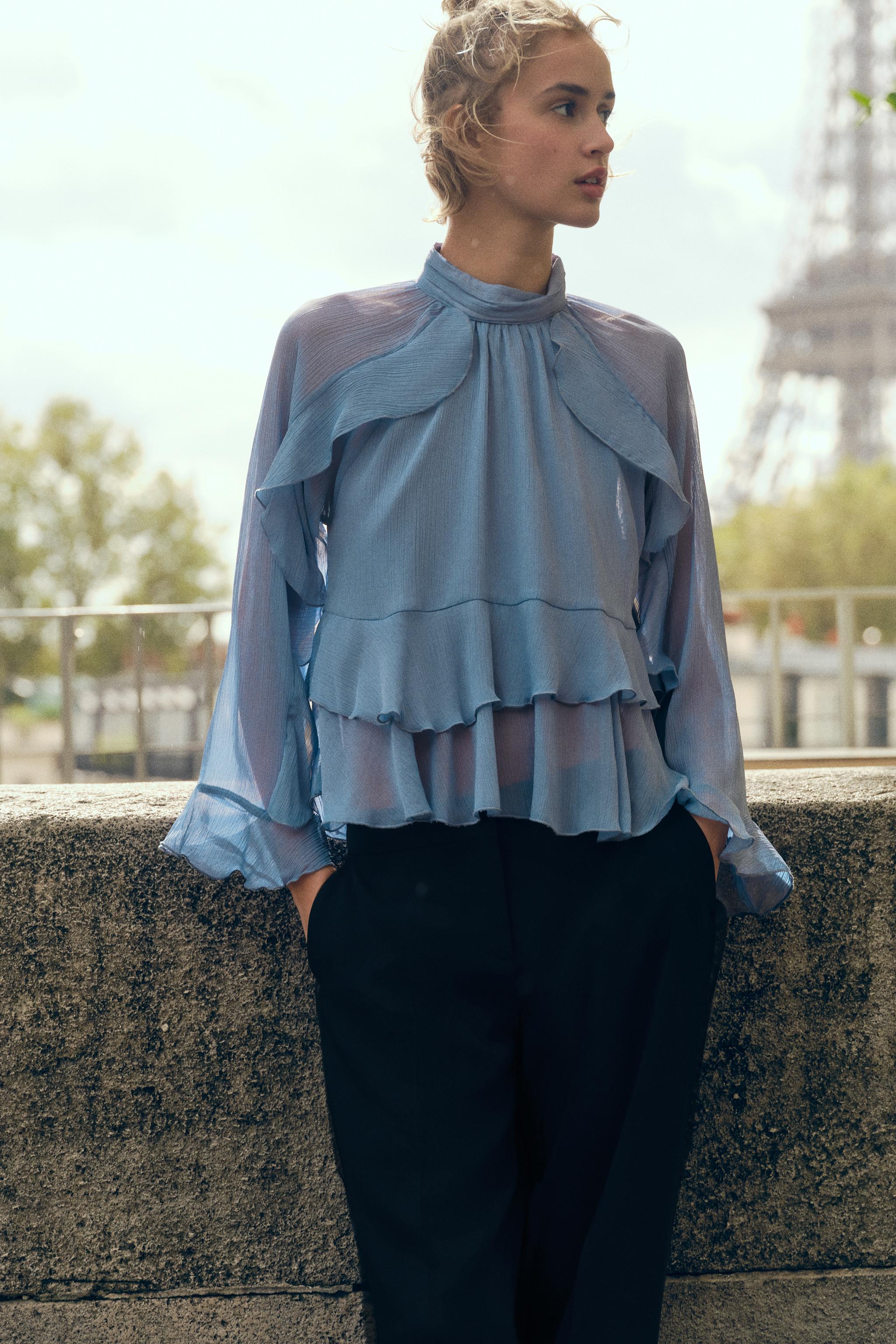 RUFFLED BLOUSE Blue Gray ZARA Canada