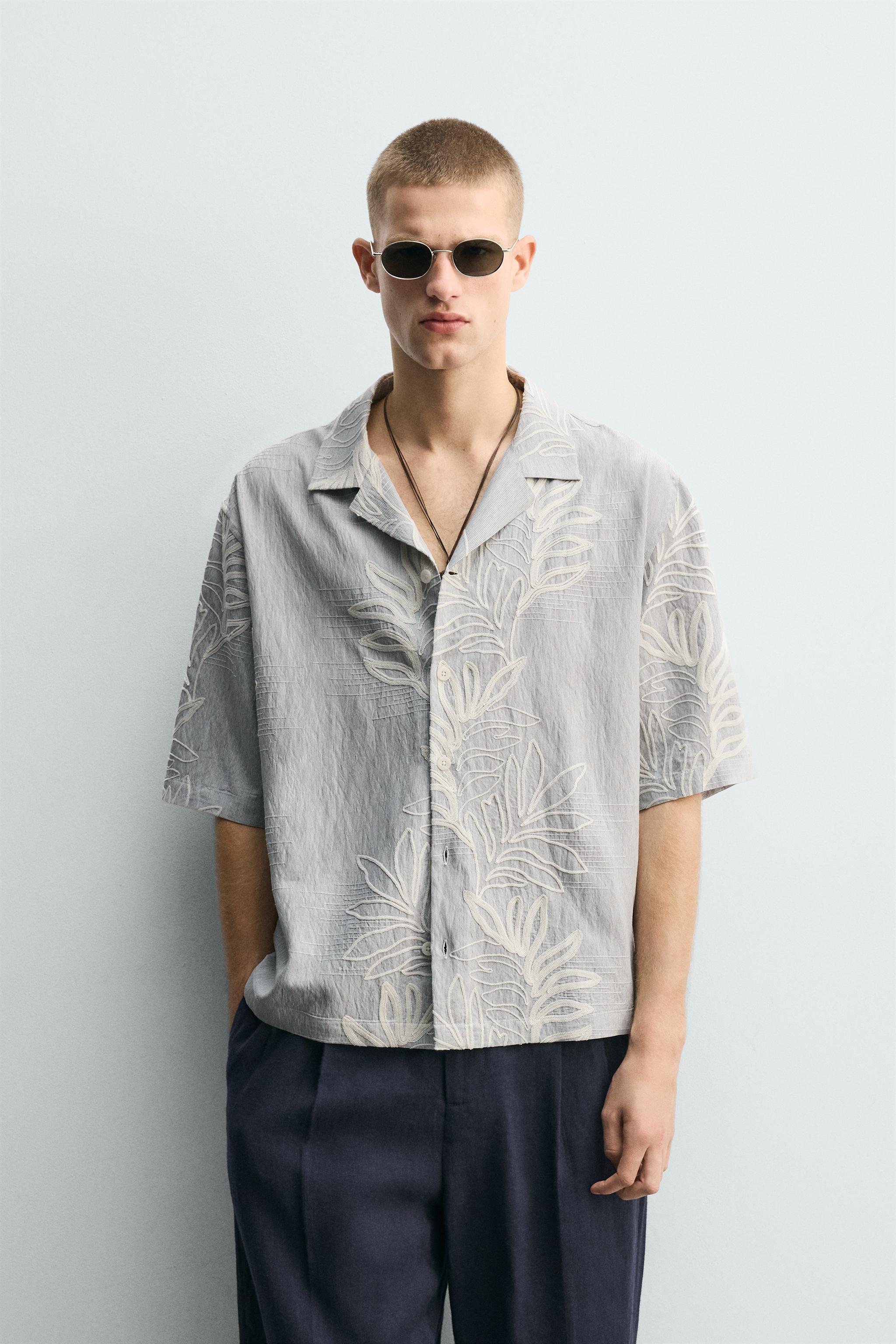 bluelea ブルレア Embroidery jacquard blouse EMBROIDERED LEAF JACQUARD SHIRT - Sky blue | ZARA United States