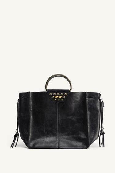 Zara LEATHER STUDDED CITY BAG LIMITED EDITION - Black