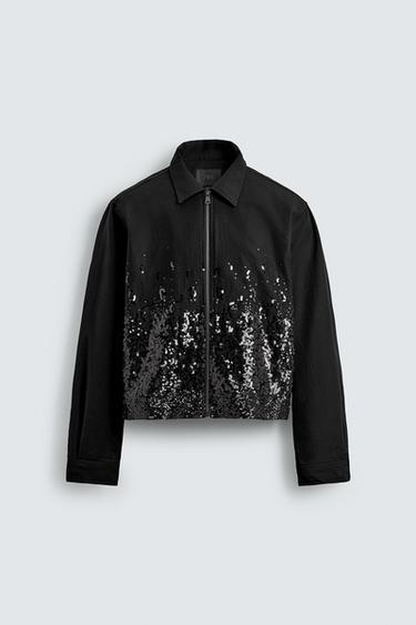 VESTE COURTE À PAILLETTES - Noir de Zara