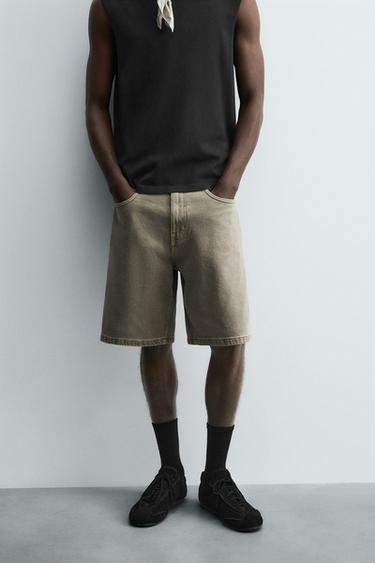 Zara STRAIGHT FIT DENIM SHORTS - Khaki
