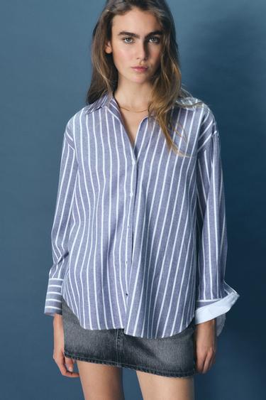 Zara METALLIC THREAD STRIPED OXFORD SHIRT - Blue