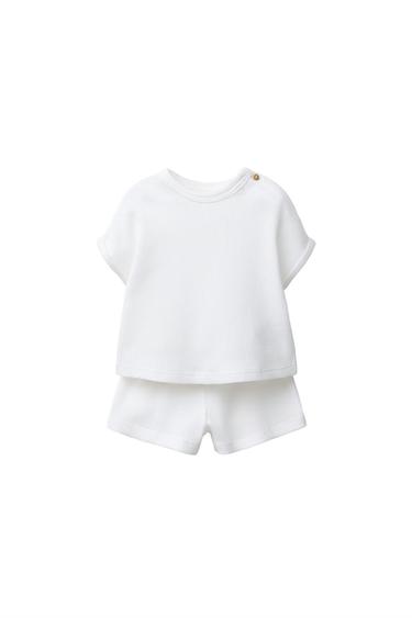 PLAIN WAFFLE-KNIT T-SHIRT AND BERMUDA SHORTS SET - Oyster-white by Zara