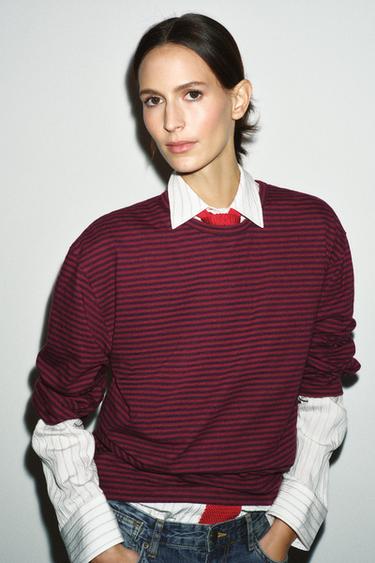 STRIPED COTTON AND LINEN T-SHIRT - Purples by Zara