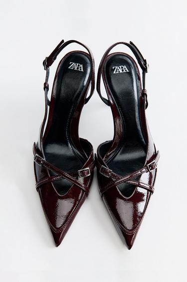 حذاء بكعب وأشرطة وإبزيم - أحمر عنابي by Zara