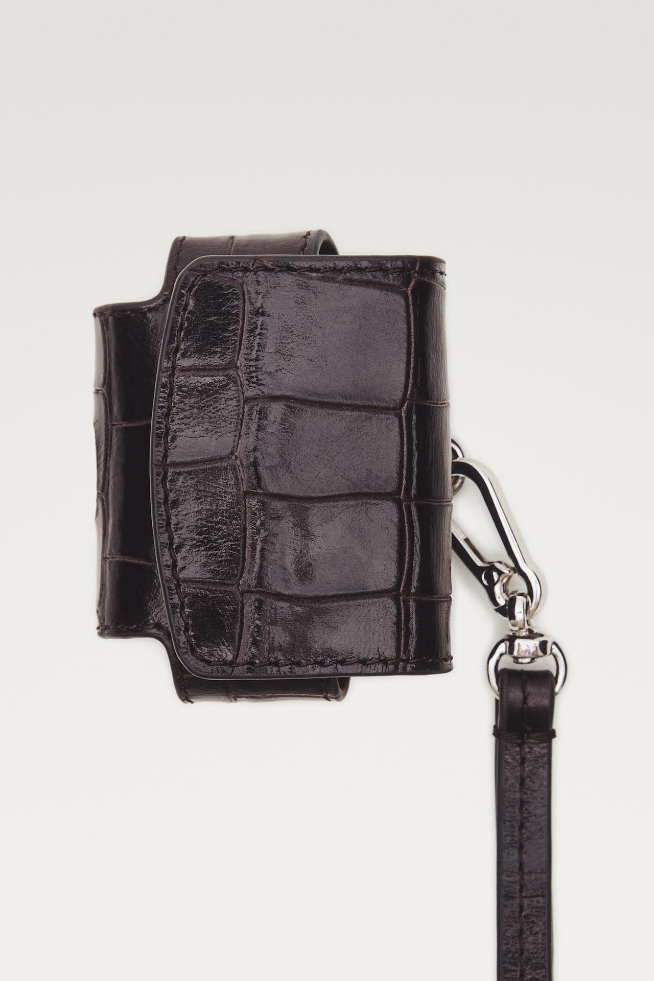 Crocodile-textured leather AirPods case — Brown