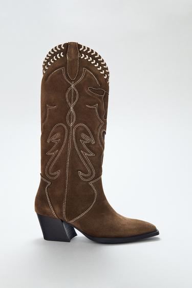 Zara EMBROIDERED LEATHER BOOTS - Brown