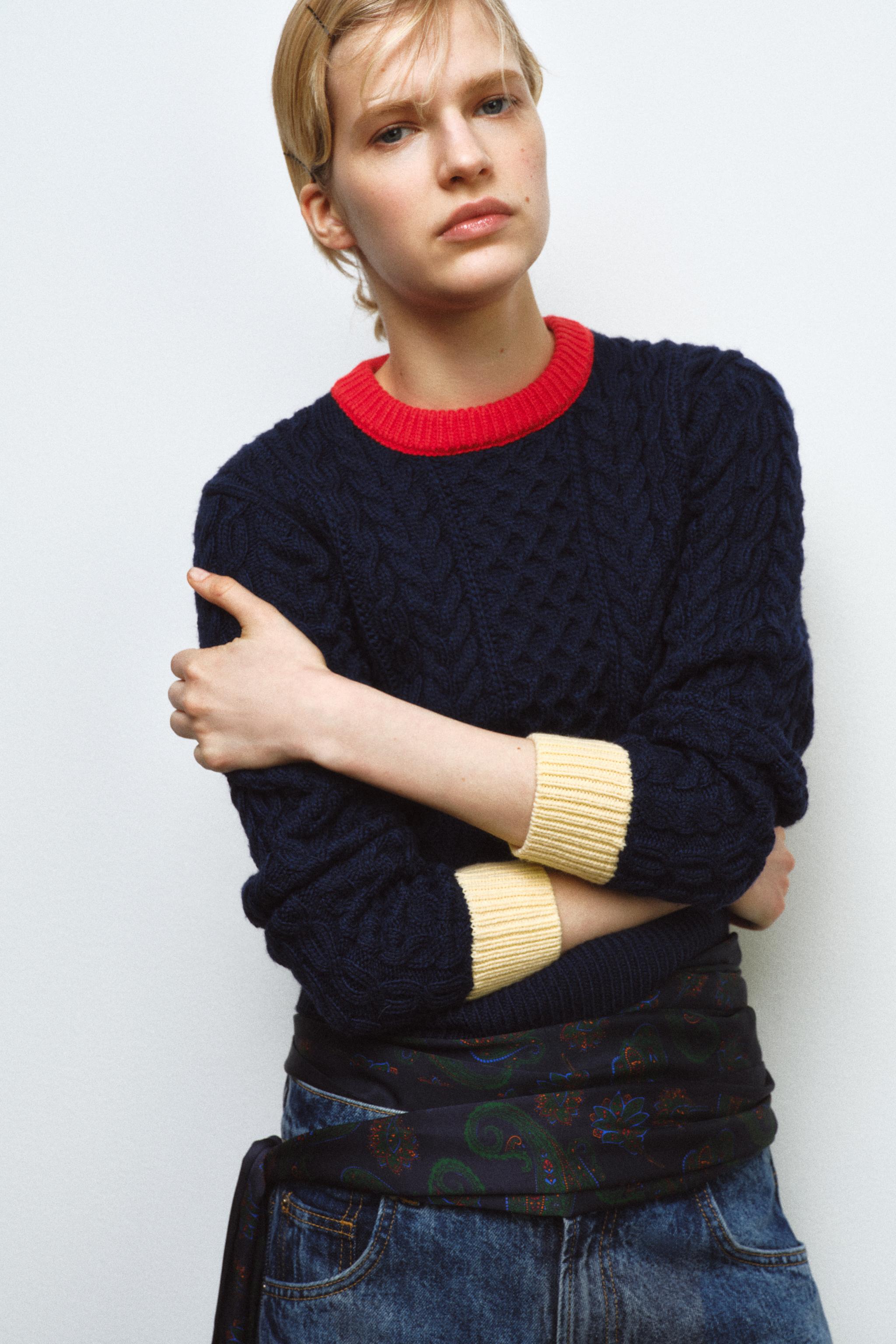 CABLE-KNIT COLOUR BLOCK JUMPER — Multicoloured