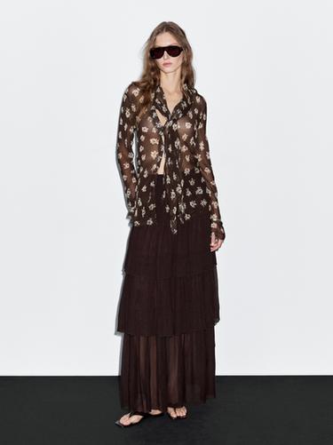 Camisa fluida cuello fular - Marrón oscuro de Zara - Imagen 0