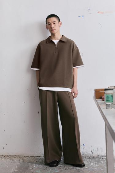Zara 標籤交織長褲 - 巧克力色