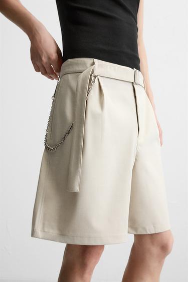 Zara PLEATED BERMUDA SHORTS WITH BELT - Sand