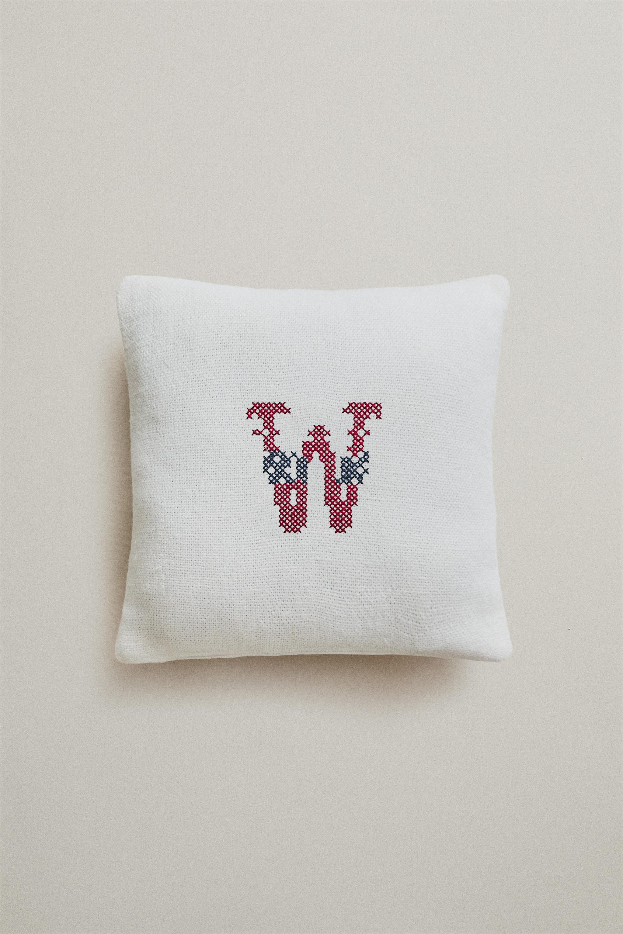 LETTER W EMBROIDERED LINEN CUSHION — Ecru