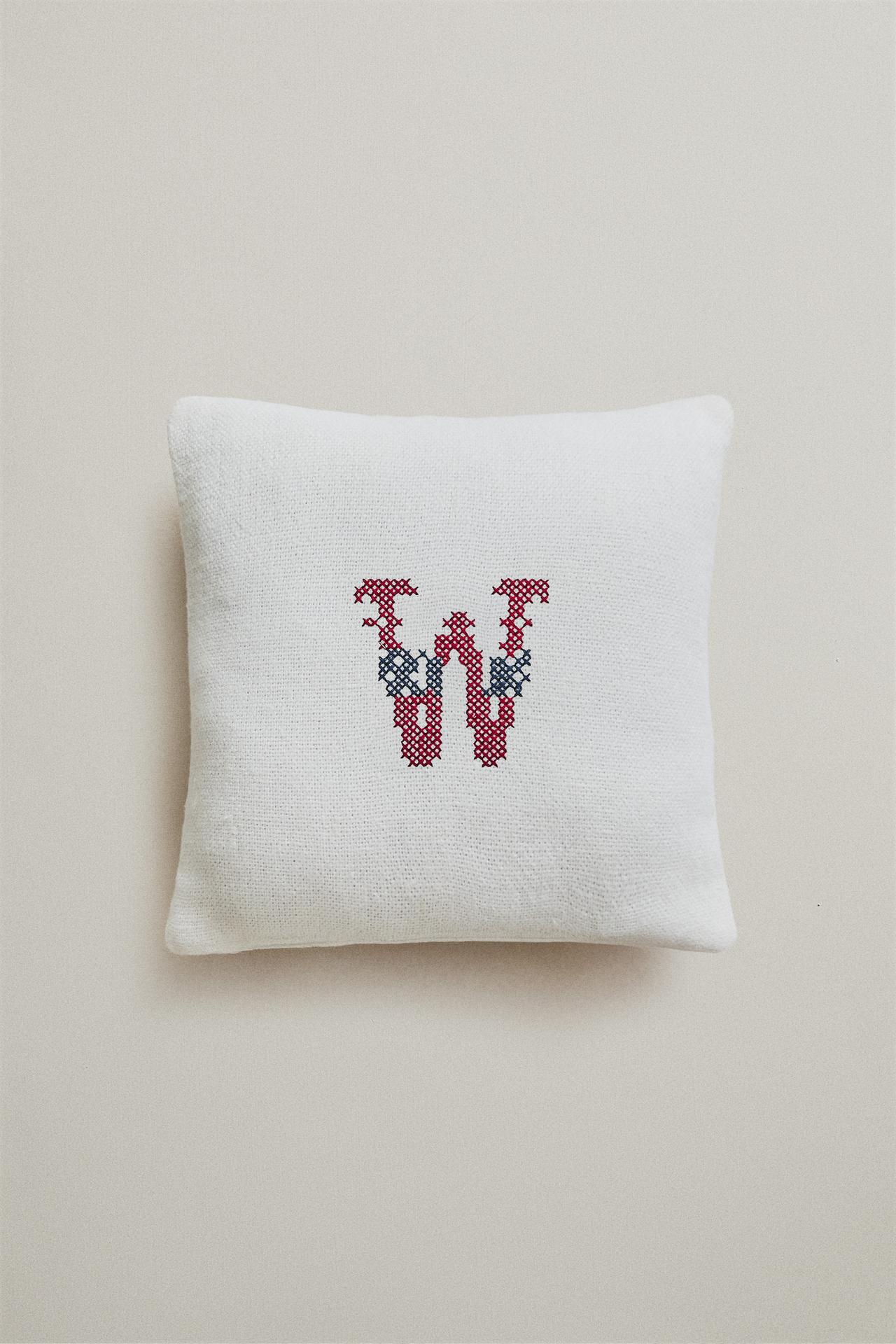 LETTER W EMBROIDERED LINEN CUSHION — Ecru