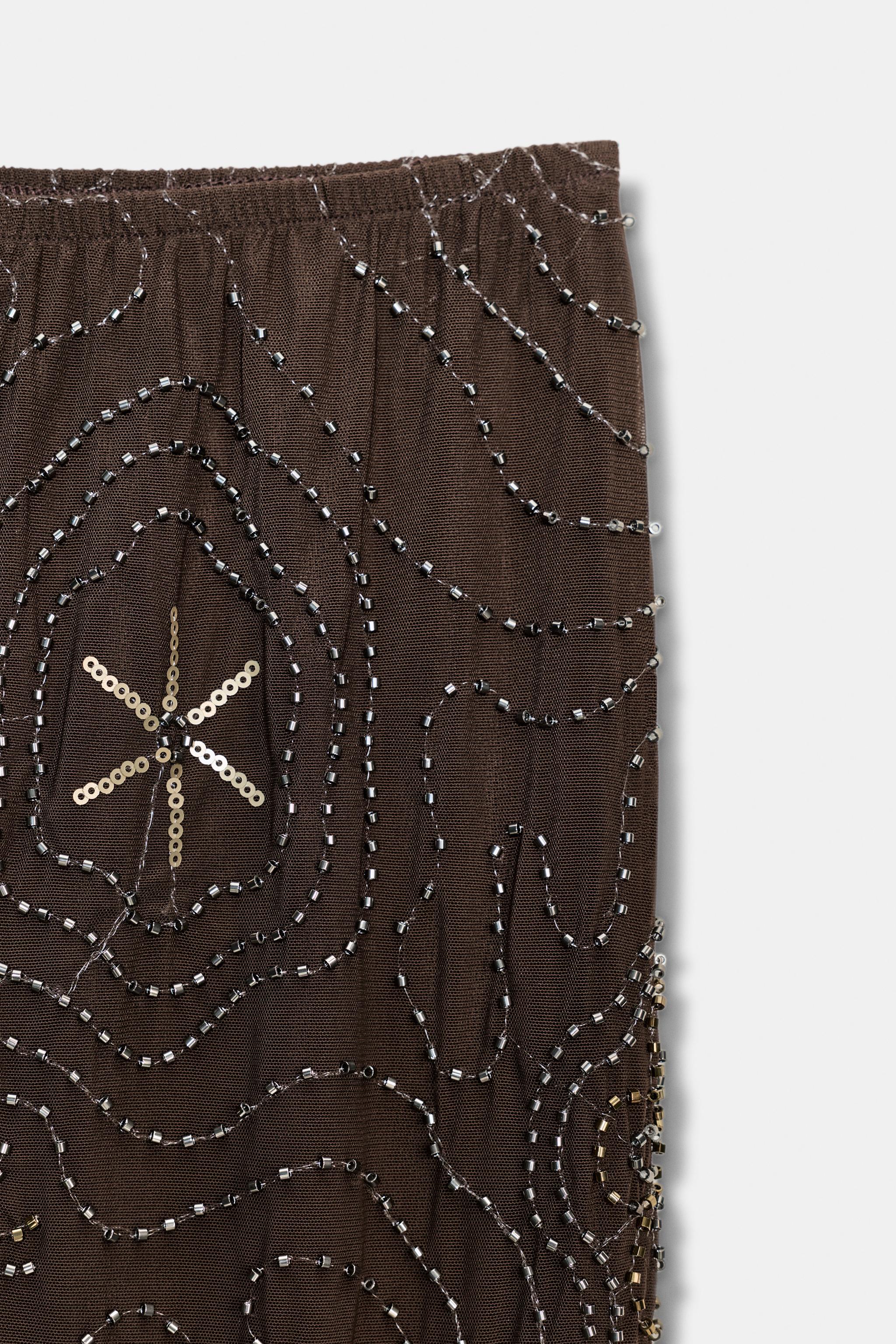 ビーズ＆スパンコール付きパンツ - チョコレート | ZARA Japan