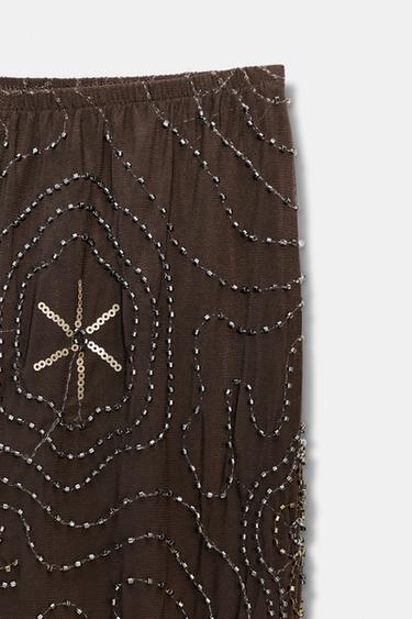 Zara BEADED SEQUIN PANTS - Chocolate