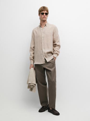 Camisa rayas 100% lino - Tostado de Zara